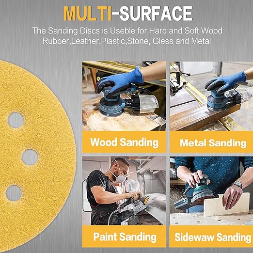 100PCS 5 Inch 8 Hole Sanding Discs 120 Grit,Gold Round Hook and Loop Sandpaper for Random Orbital Sander