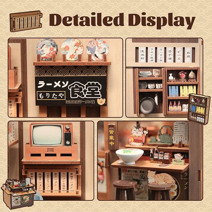 Fsolis Japanese Book Nook Kit - DIY Miniature Scene House Kit, 3D Puzzles for Adults, 220 Wooden Pieces, Tiny House Mini Booknook Craft Shelf Decor, Gifts for Women Model Lovers (Morita-Ya Ramen)