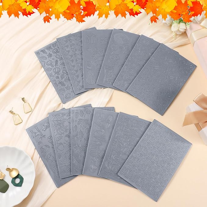 12 Pcs Fall Polymer Clay Texture Sheets Set, Maple Leaves, Pumpkin Miniature Clay Molds Pine Cone Pattern Silicone Polymer Clay Molds for Fall Autumn Thanksgiving Jewelry Earrings Making