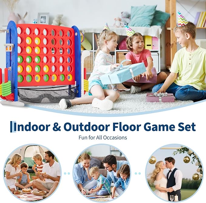 Giant 4 in a Row Game,Adjustable Height Board Jumbo 4-in-a-Row Game with Quick-Release Slider,Mini Basketball,Golf & Ring Toss Set for Family Party, Outdoor & Indoor