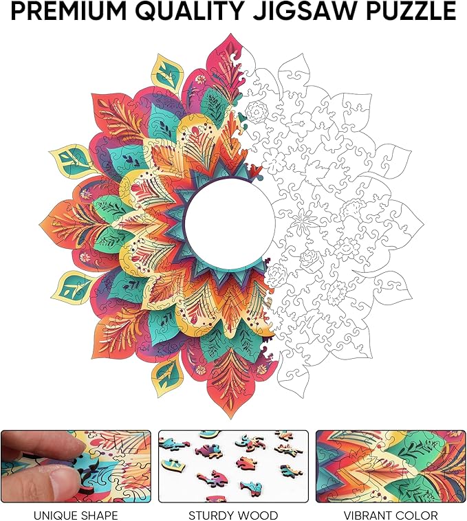 Wooden Puzzles for Adults 500 Pieces, Hollow Mandala Jigsaw Puzzles, Unique Design Color Challenge Adult Puzzles for Family Game Gift, Home Decor, 17.6x16.7 inch