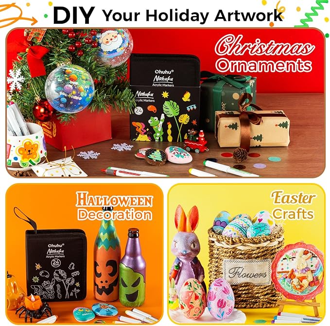 Ohuhu Acrylic Paint Markers Direct Liquid: 24 Colors Flexible Brush Tip Acrylic Markers High Opacity Paint Pens Waterproof Lightfast for Rock Easter Eggs Wood - Nahuku