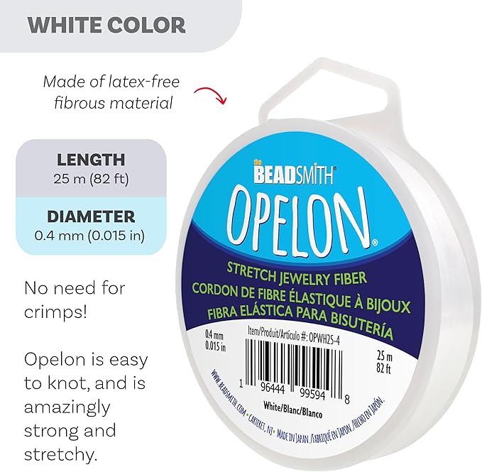 The Beadsmith Opelon Stretch Cord – Elastic Beading Fiber, White, 0.4 mm Diameter, 25 Meters (82 ft) Spool