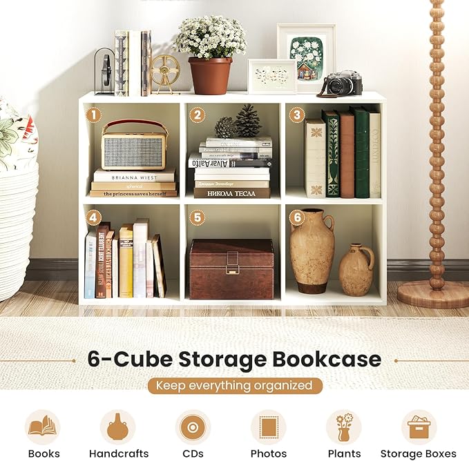 Giantex 6-Cube Bookcase, 3-Tier Cubby Bookshelf, Horizontal Vertical Display Rack with Anti-Tipping Kits, Modern Storage Organizer Shelf Unit for Bedroom, Living Room, Study Room, White