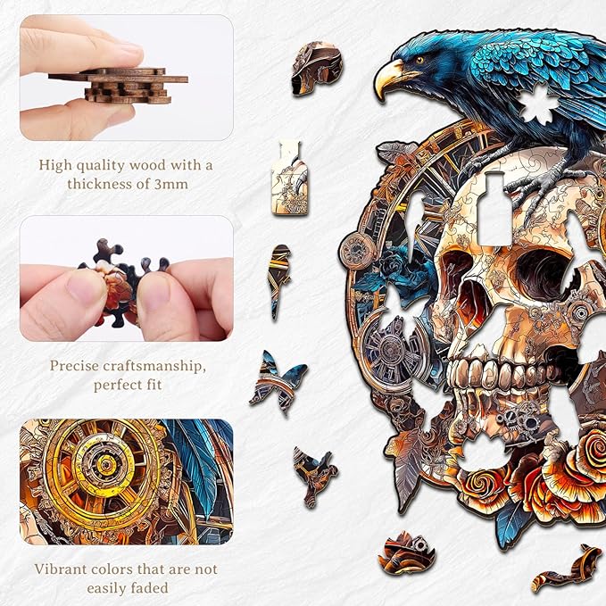 KAAYEE Wooden Puzzles for Adults, 3D Visual Effect Raven & Mechanical Skull Wooden Jigsaw Puzzle Unique Shape Wood Puzzle Adult, 3D Effect Flat Puzzle Birthday Family Games (S-8.5 * 7.5in-95pcs)