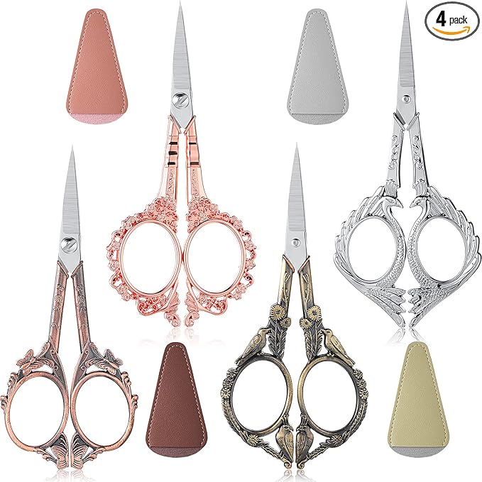 Zhehao 4 Pcs Sewing Embroidery Scissors with Artificial Leather Cover Sewing Stainless Vintage Embroidery Scissors for DIY Needlework Art Manual Handicraft (Retro)