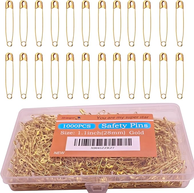 1000PCS Safety Pins, 1.1 inch Small Safety Pins, Rust-Resistant Nickel Plated Steel, Sharp Edge Safety Pin for Clothes, Sewing, 28mm Decorative Safety Pins Assorted (Gold)