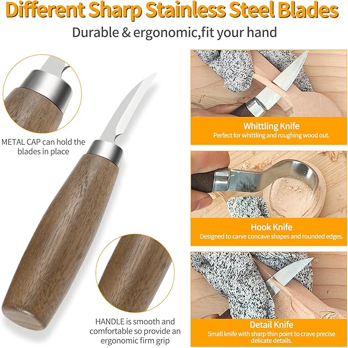 Wood Carving Tools Set - Wood Carving Knife Kit for Beginners, Adults, and Kids, Includes 3 Whittling Knives for DIY Woodworking and Carving Enthusiasts