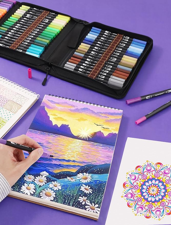 Dual Tip Markers, Double Brush Art Markers Set with Fine Tip and Brush Tip for Adult Coloring Book, Hand Lettering, Calligraphy & Drawing, Art Supplies Kit for Kids and Adults (72 Colors)