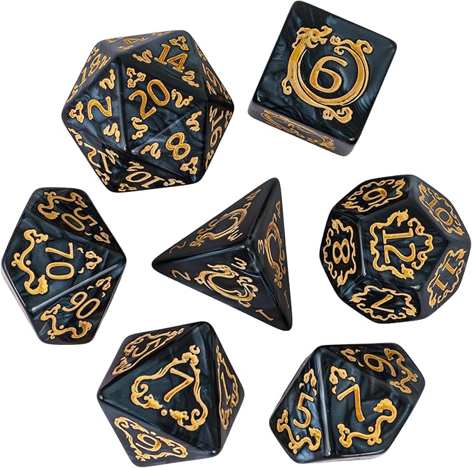 7-Die DND Dice Set Dragon Pattern Polyhedral Die with Leather Bag D&D Dice Set for RPG Table Games (Black W/Gold Dragon Pattern)