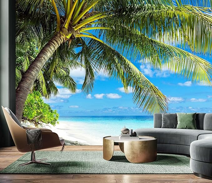 AFZEVEB-Beach Wall Mural Tropical Palm Tree Landscape Wallpaper for Bedroom 114"x74"(Not Peel and Stick)