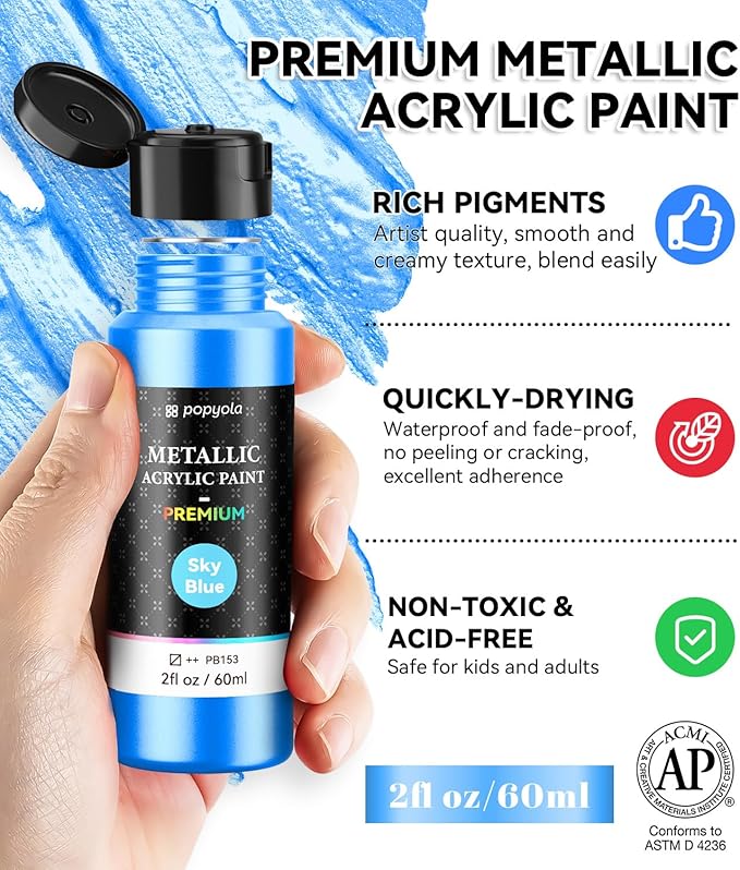64 PCS Metallic Acrylic Paint Set with 12 Brushes, 2 Knives & Palette, 48 Colors (2oz/60ml) Art Craft Paint for Adults Kids Artists Beginners, Halloween Pumpkin Canvas Ceramic Rock Painting Kit
