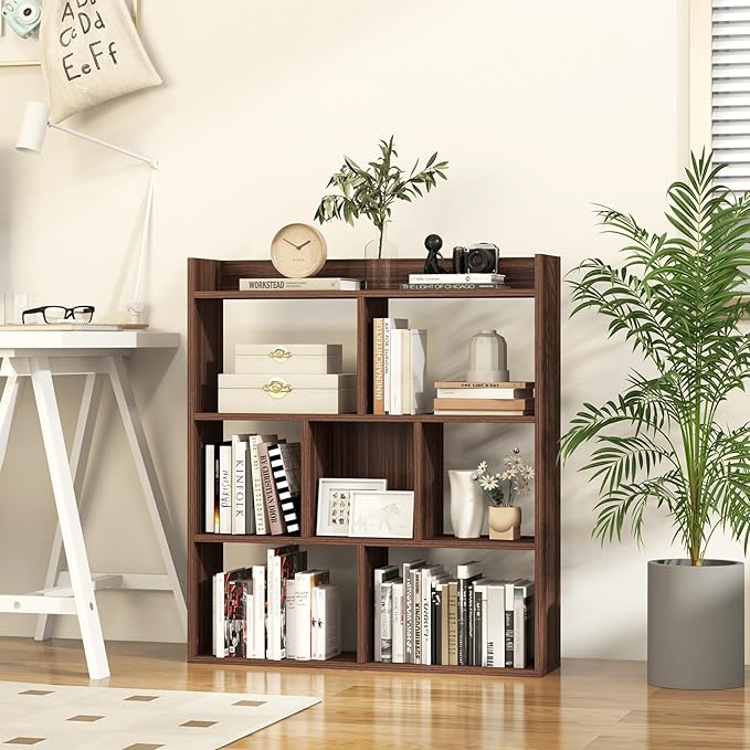 Giantex 7 Cube Bookshelf of 2, Free-Standing Wooden Bookcase, 4 Tier Home Display Shelf, Horizontal Storage Unit w/Anti-Toppling Devices, Open-Back Display Rack for Study, Living Room, Walnut