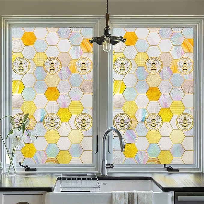 3D Stained Glass Window Privacy Film, Heat Control UV Blocking Static Cling Decorative Window Film for Bathroom,Front Door,Home Non Adhesive,23.6 x 35.4 inches Honey