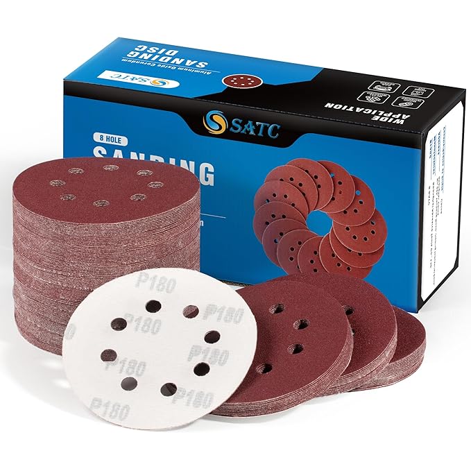 S SATC 150 PCS Hook and Loop Sandpaper 5 Inch Sanding Disc 8 Hole Sanding Discs 180 Grit Premium Aluminum Oxide for Random Orbital Sander