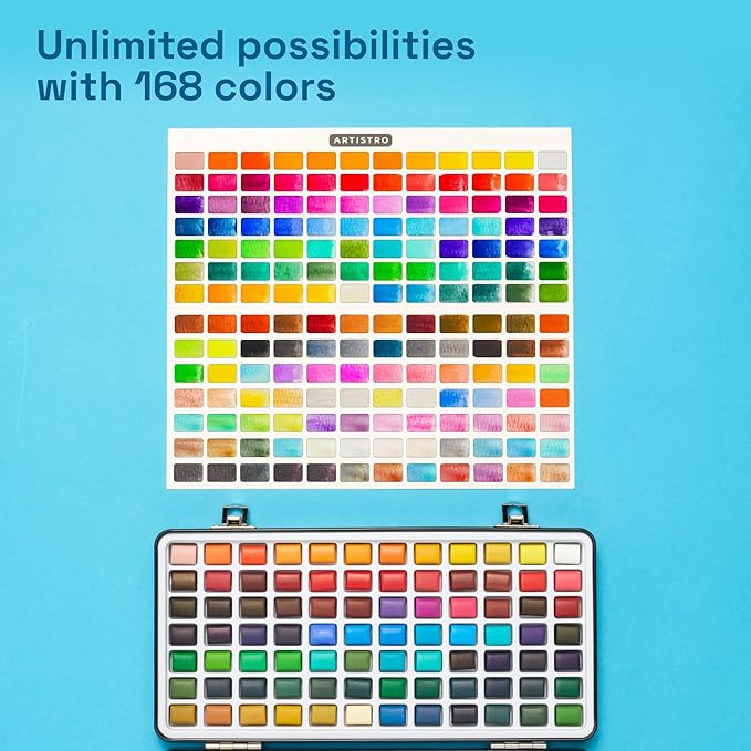 ARTISTRO 168 Watercolor Paint Set, Vivid Colors in Portable Box, Palette set. Perfect Travel Watercolor Set for Artists, Amateur Hobbyists and Painting