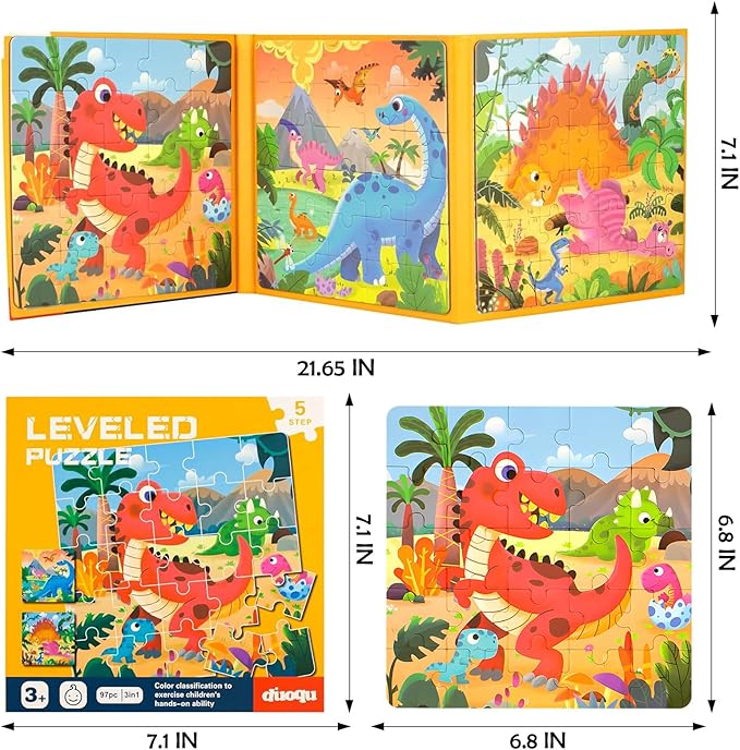 Magnetic Puzzles for Kids Ages 3-5, 3 in 1 Dinosaurs Magnetic Jigsaw Puzzle Book, Travel Puzzles Toys for Toddlers 3-8 Year (Dinosaur World)