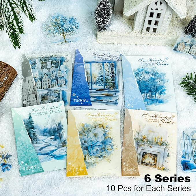 60Pcs Snow Country Winter PET Stickers, Large Landscape Stickers for Scrapbooking, DIY Crafts, Journaling, and Junk Journal Ephemera with Organizer
