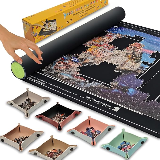 Napzy Rubber Puzzle Mat,Puzzle Matt Rollup,1500 Piece Puzzles Play Mat Has 6PCS Leather Puzzles Sorting Trays,41'' * 25'' Portable Jigsaw Keeper,Jigsaw Saver Board Roll Up with Storage Bag,Gift Box