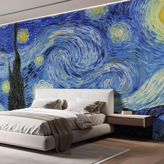 wall26 Wall Sticker/Wall Mural Starry Night by Vincent Van Gogh Dutch Impressionism, Not Peel and Stick, Non-Woven Wallpaper Decorative for Bedroom, Living Room, Office - 96x144 inches