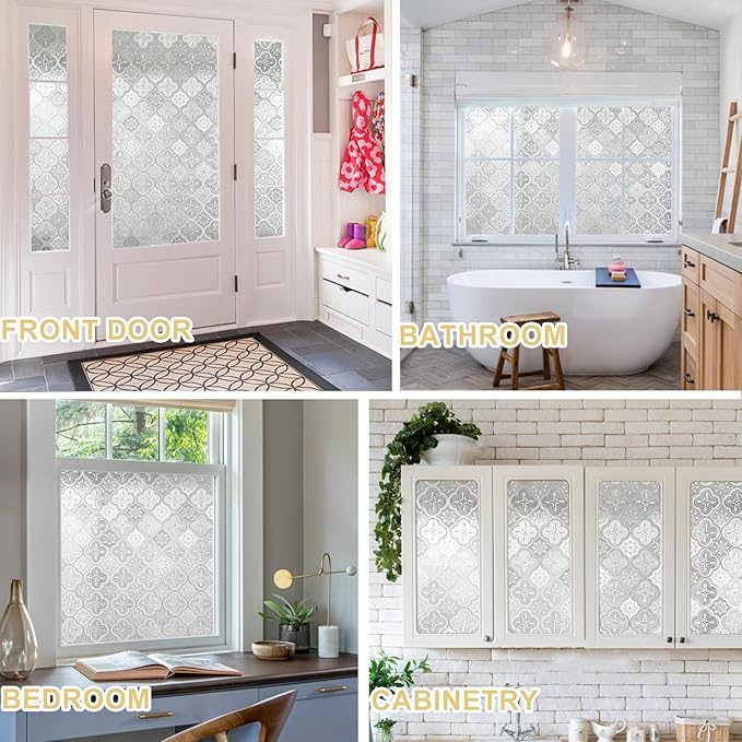 Window Privacy Film Decorative for Front Door, Bathroom Static Cling Stained Glass Sticker Opaque Heat Control UV Blocking Non-Adhesive for Home Windows 17.5 X 78.7 inches
