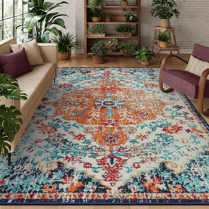 Lahome Area Rugs 9x12 Living Room Rug,Large Boho 9 x 12 Area Rugs for Living Room Washable Bedroom Rug,Boho Vintage Soft Non-Slip Printed Indoor Carpet for Dining Room Home Office(9x12ft,Orange)