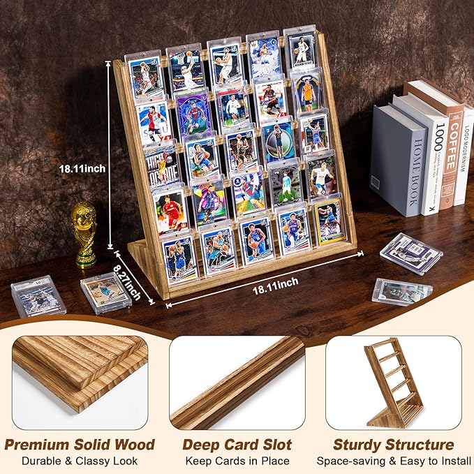 Emfogo Trading Card Display Stand, 5 Tier Sports Graded Card Display, Wooden Trading Card Display Stand for Soprts Card Collection & Show, Brown