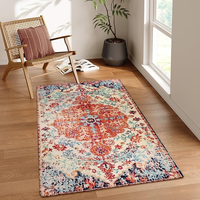 Lahome Bohemian Floral Medallion Area Rug - 3x5 Bedroom Rug Soft Throw Printed Bathroom Kitchen Entry Foyer Mat, Vintage Non-Slip Washable Carpet for Front Door Laundry Room Bath Office, Orange