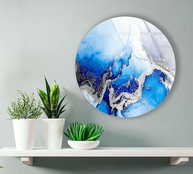 My Photostation.com 31.5''(80cm) Diameter Blue Marble Round with Silver Details Glass Wall Art Tempered Glass Printing Wall Decor Large Wall Art Wall Hangings