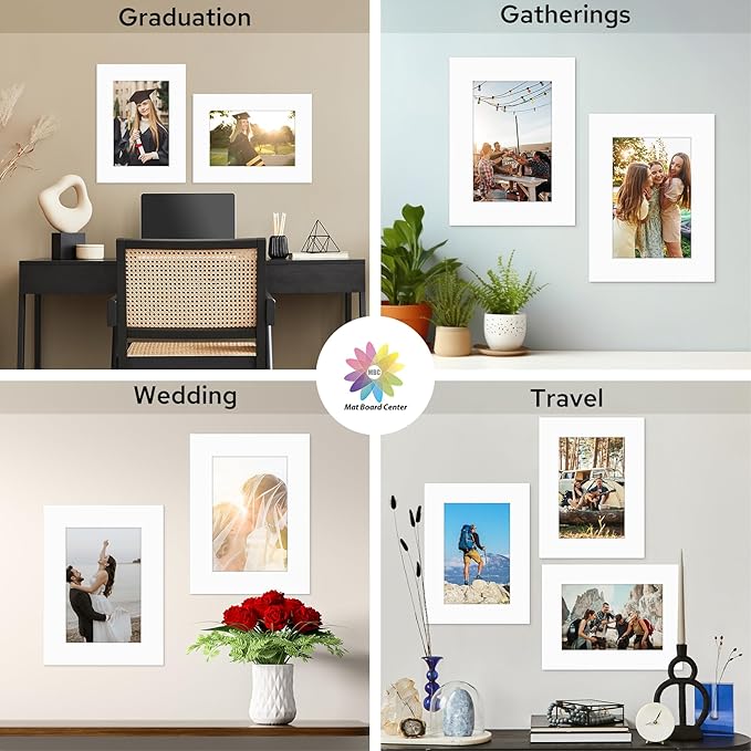 Mat Board Center, 12x16 White Mats for 8x12 Pictures - Acid Free, 4-ply Thickness, White Core, Bevel Cut - for Artworks, Photos, Framing - Pack of 12