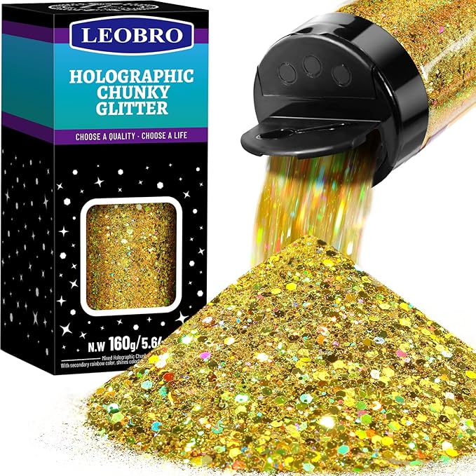 LEOBRO Gold Glitter, 160g/5.64oz Holographic Chunky Glitter for Crafts, Resin, Nail Body, Tumblers, Party Decorations