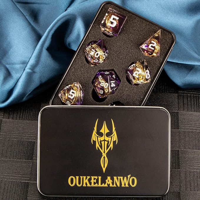 OUKELANWO Magic Lord Rings DND Dice Set with Box, 7Pcs Resin LOTR D&D Dice Set for Role Playing Game, Purple Dungeons Dragons D and D Sharp Edge Dice D20 D12 D10 D8 D6 D4