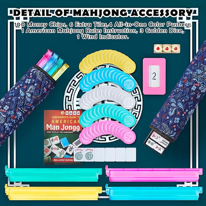 New American Mahjong Game Set, 166 Premium White Tiles with Portable Metal Dices, 4 All-in-One Racks with Pushers, Mah-Jong Games Sets, Ma Jong Tile Game (Blue)