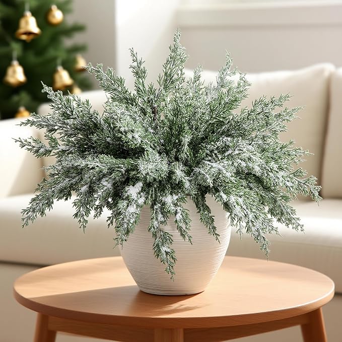 10 Packs 16.5" Artificial Christmas Snow Pine Branches, Snow Flocked Faux Greenery Norfolk Pine Sprigs Cypress Stems, White Frosted Fake Foliage Pine Needle Picks for DIY Craft Garland Home Decor