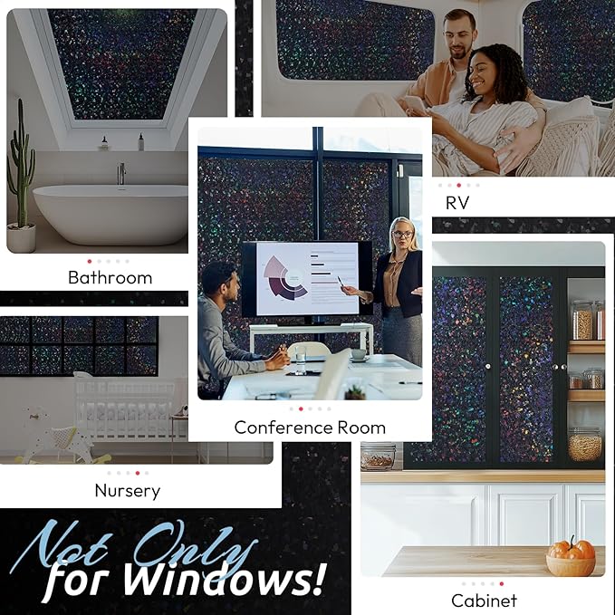 rabbitgoo Blackout Rainbow Window Privacy Film Decorative Stained Glass Diamond Pattern Window Sticker with Iridescent Tint Non-Adhesive Static Cling for Home Office Bathroom, 17.5 x 118.1 inch, Black