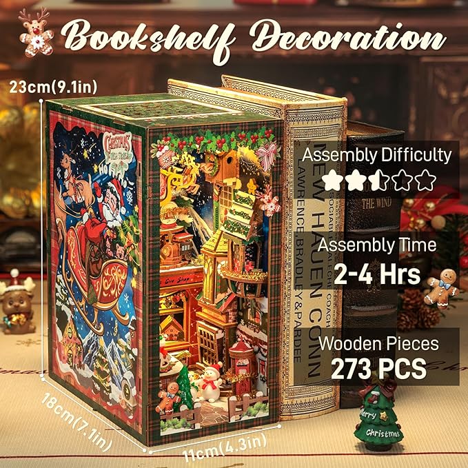 CUTEBEE Christmas Book Nook Kit - DIY Miniature House Dollhouse Kit for Adults, Teens, Booknook Tiny House Bookshelf Decor 3D Wooden Puzzle, Gifts for Family, Friends （Christmas Wish Store）
