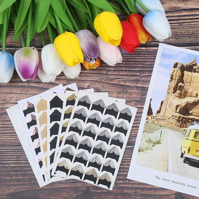 DERAYEE 12 Sheets Photo Corner Stickers, 6 Colors Self Adhesive Photo Mounting Corners for Scrapbooking Photo Album Diary DIY Craft