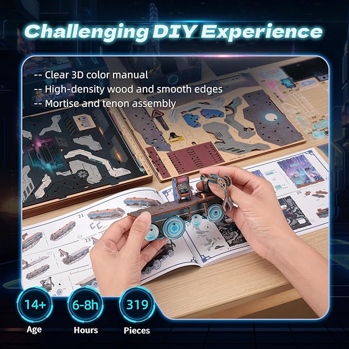 3D Wood Puzzle Book Nook Kit, Futuristic Miniature Bookshelf Insert with LED Lights, DIY Cyberpunk Bookend Décor for Display, Unique Craft for Adults and Teens (Endless Dimensions)