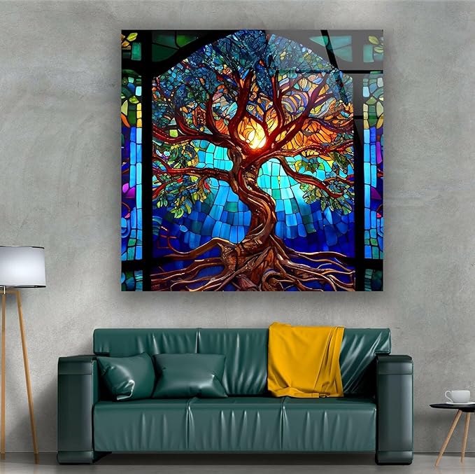 My Photostation.com 20Wx14H'' Stained Blue Life of Tree Glass Wall ArtTempered Glass Printing Wall Decor Large Wall Art Wall Hangings