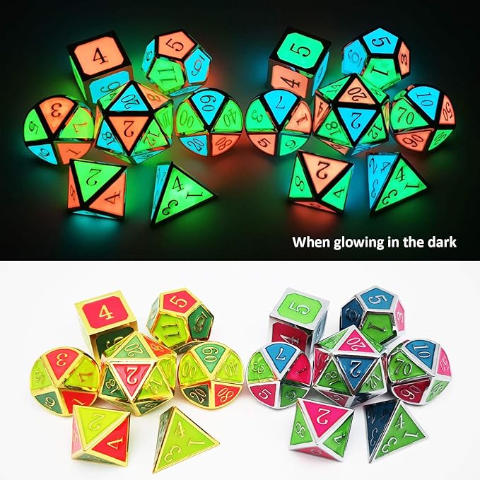 Haxtec Glow in The Dark Glowing Blue Red Green Silver Metal Dice Set D&D 7PCS DND Dice Set Compatible with Dungeons and Dragons RPG Games-Silver Glowing Blue Green Red