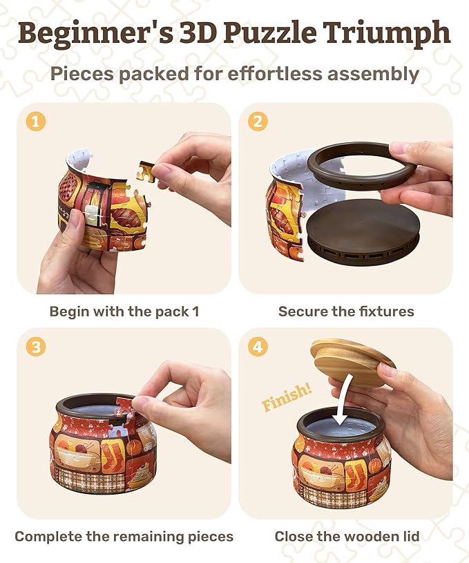 PieceRelax 3D Puzzle Jar 64 Plastic Pieces for Adults - Sweetness of Strawberry Wooden Lid Container for Kitchen Dining Study Living Room No Glue Requied Small [BC1026]