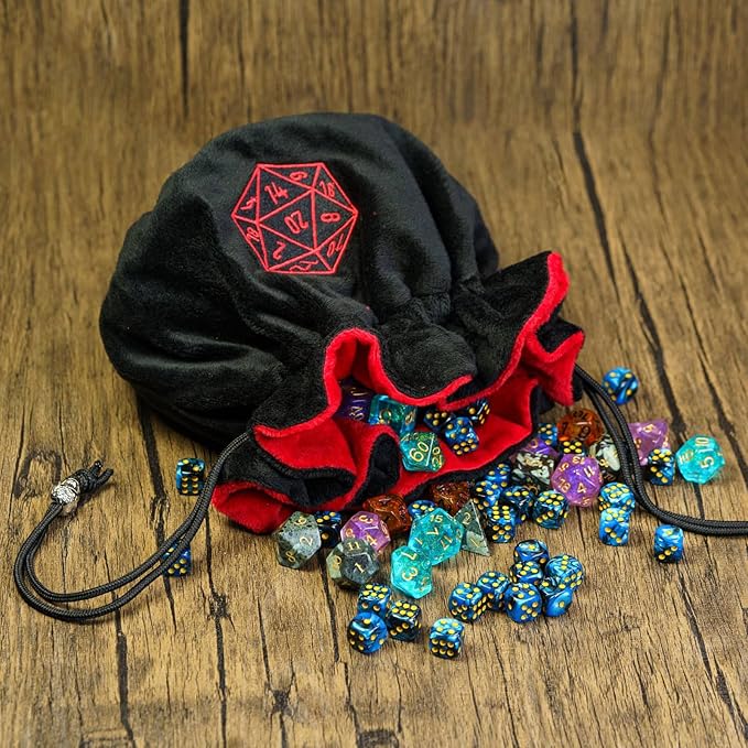Large Dice Bags with Pockets Black Storage Bag D20 Logo for DND RPG Game Dices (with 1lb Random DND Dice)