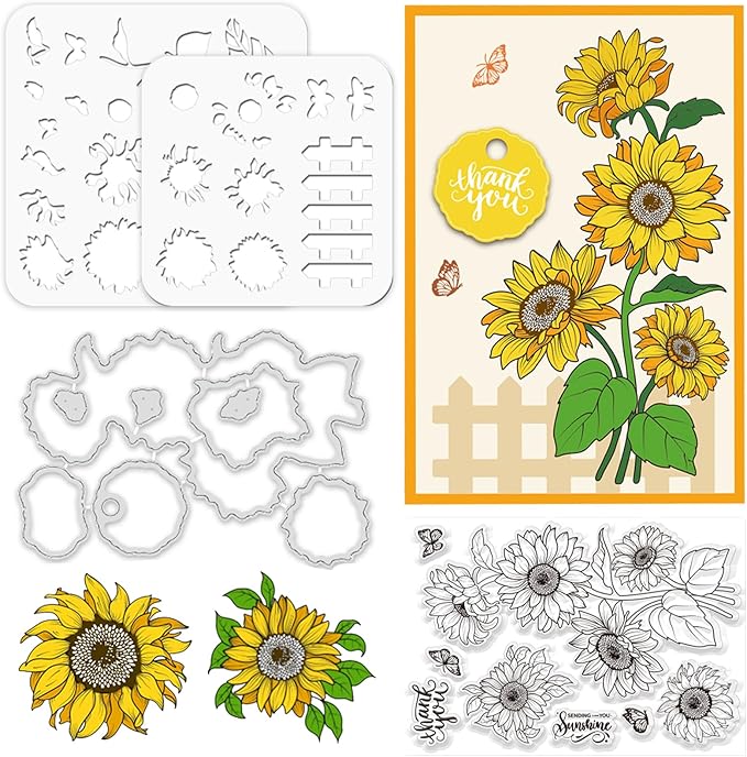 ORIGACH Realistic Sunflower Stamps and Dies and Layering Coloring Stencil Set, Silicone Stamps Metal Die Cut and Flower Stencil Template for Card Making Scrapbooking DIY Crafting