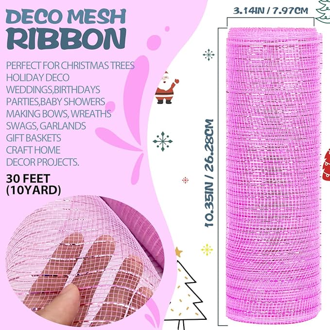 Anivia Deco Mesh Ribbon, 10inch x 30 Feet Each Roll Metallic Foil Mesh Ribbon for Wreaths Swags, Holloween, and Christmas Tree Decoration (Pink/Pink Foil)