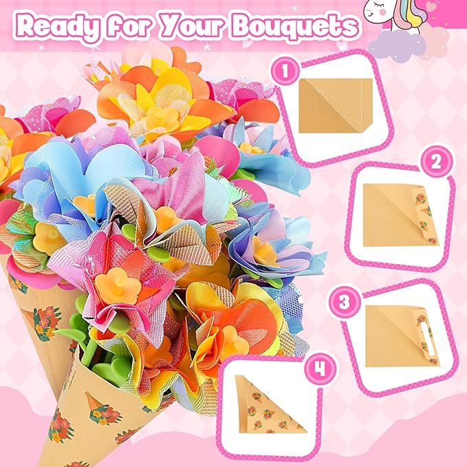 cosone Crafts Kits for Kids Ages 4-8, DIY Fabric Flower Bouquet Kit for 5 6 7 8 Year Girls Unicorn Flower Press Toys Educational Toy Preschool Birthday Gifts for Girls Handmade Activity Set - Pink