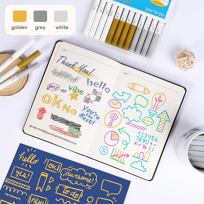 REALIKE Acrylic Paint Markers for Cricut Maker 3/Maker/Explore 3/Air 2/Air, Gold Silver White Acrylic Paint Pens for Rocks, Paper, Wood, Canvas, Glass, Ceramic, Fabric (1.0 & 2.0 Tip)