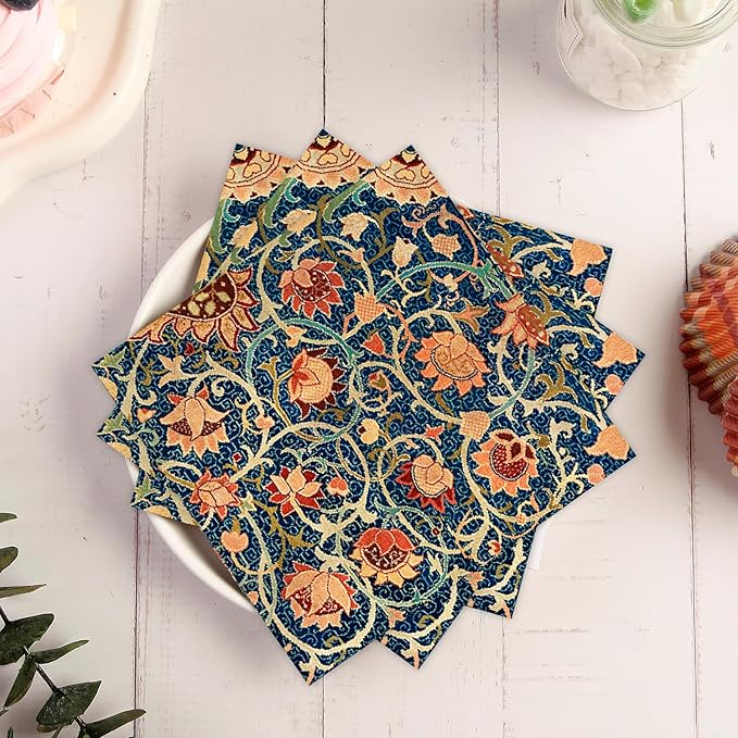 Quera 50 Pack William Morris Cocktail Napkins Vintage Floral Blue Paper Napkins Disposable Dessert Dinner Baby Shower Party Supplies Napkins Decorative -5 X 5 Inches