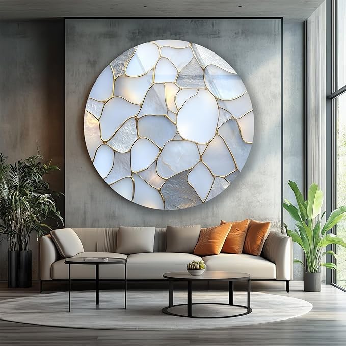 My Photostation.com 15.8''(40cm) Diameter White Stone Mosaic Round Glass Wall Art Tempered Glass Printing Wall Decor Large Wall Art Wall Hangings