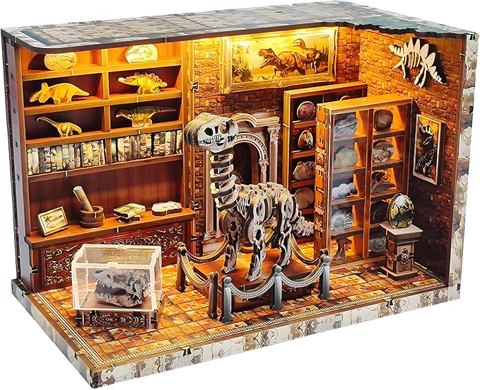 3D Wooden Puzzles for Adults, DIY Miniature Dollhouse, Book Nook Kit, Built-in LED Model Kit Hobby Gifts for Adults Teens Home Decor, Ideal Gift for Teenager and Men (Dinosaur Museum)