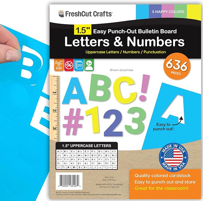 FreshCut Crafts 636 Pcs 1.5 in. Happy Colors Bulletin Board Letters & Numbers, Capital Alphabet, Numbers, Punctuation, US Made Card Stock Punch Out Letters for Posters, Bulletin Boards, Classroom